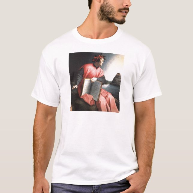 T-shirt Retrato Dante com o Livro Os impressões de Comédia (Frente)