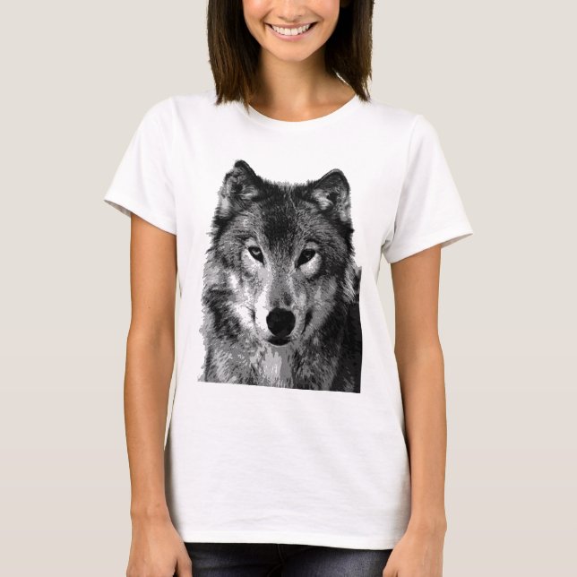 T-shirt Retrato do Lobo Negro e Branco (Frente)