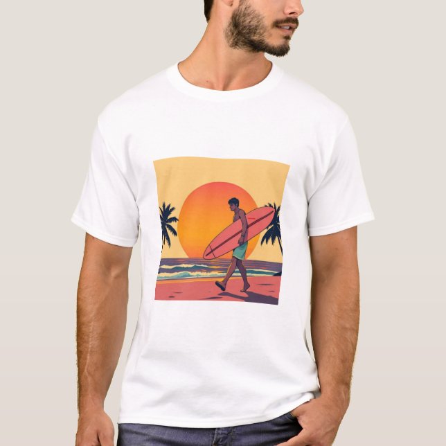 T-Shirt Retro Sunset Surfer Beach (Frente)