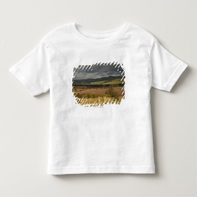 T-shirt Rolling Hills e montanhas sob um céu nebuloso (Frente)