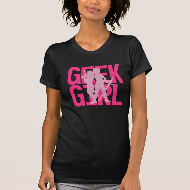 T-shirt Rosa da menina do geek no T preto (Frente)