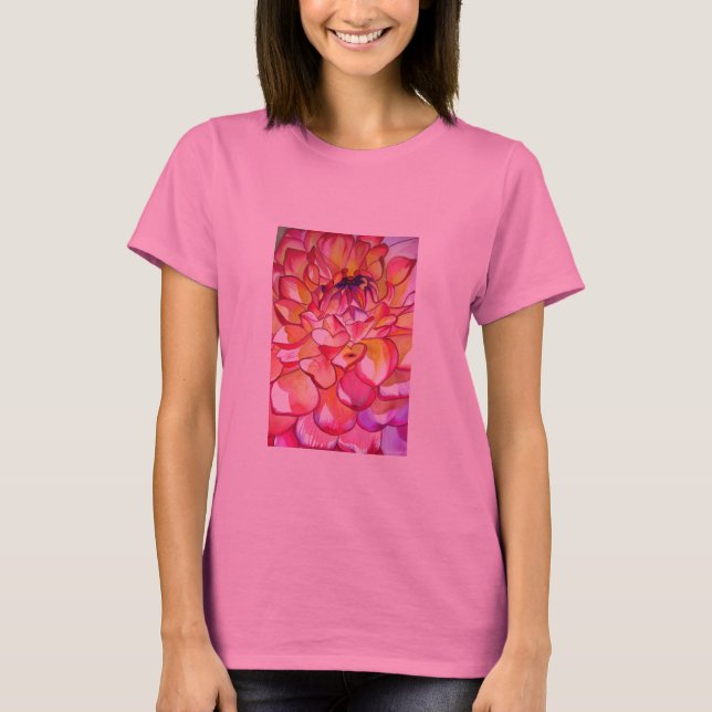 T-shirt Rosa Dahlia flor aquarela (Frente)