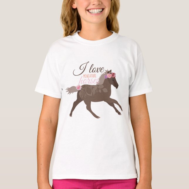 T-shirt rosa e castanha minúscula com cavalos (Frente)