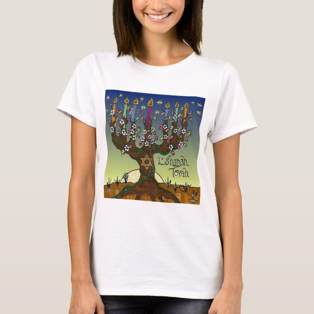 T-shirt Rosh Hashanah L'Shanah Tovah Árvore Da Vida Menora (Frente)
