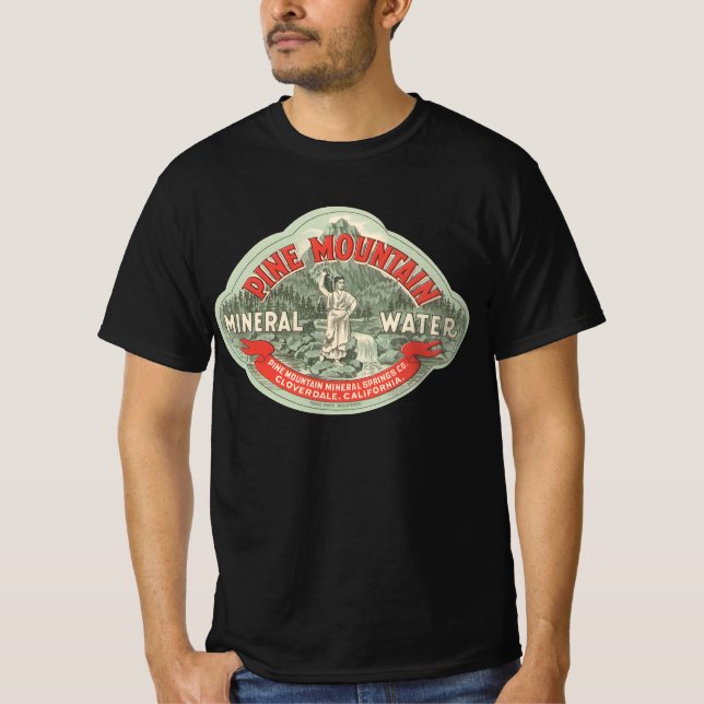 T-shirt Rótulo de Produto Antigo, Água Mineral Pine Mounta (Frente)
