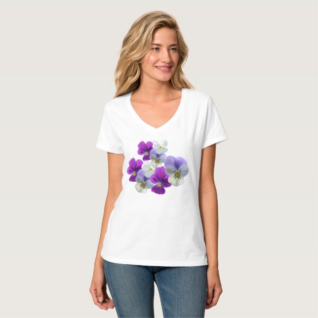 T-shirt roxo e branco do V-pescoço dos Pansies (Frente Completa)