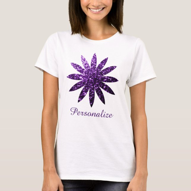 T-shirt Roxo escuro brilho glitter flor Personalize (Frente)