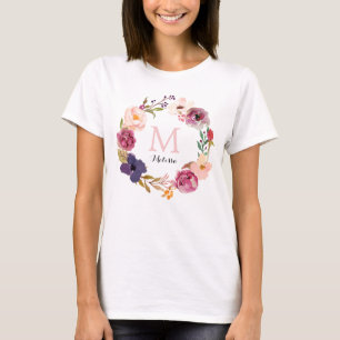 T-shirt Rustic Boho Watercolor Floral Wreath Monograma