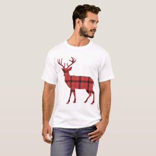 T-shirt Rustic Deer Silhouette Red Xadrez Check Tartan