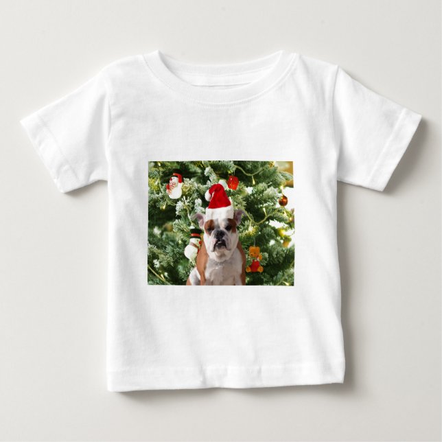 T-shirt Santa Hat Bulldog Árvore de Natal Snowman Caixa de (Frente)