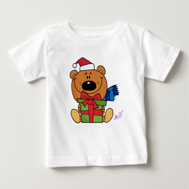 T-shirt SantaBear com/ Presente Tela de Capas Flores Longa (Frente)