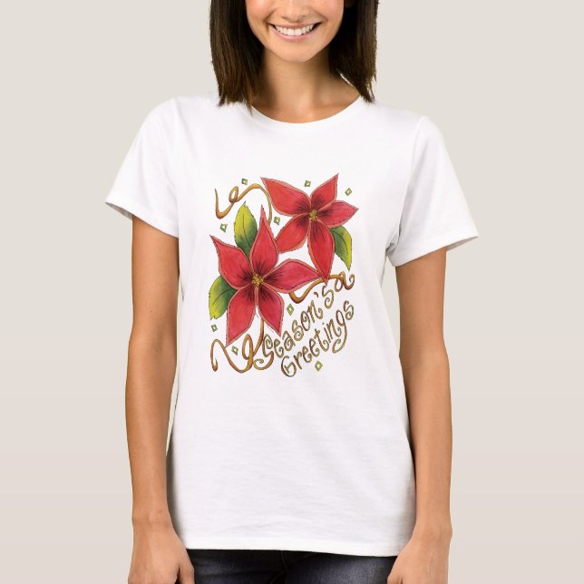 T-shirt Saudações da Festa de Natal com Poinsettias (Frente)