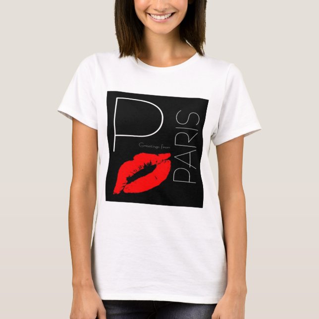 T-shirt Saudações de Paris Red Lipstick Kiss Love (Frente)