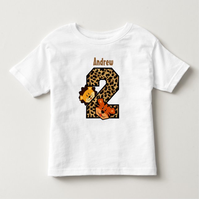 T-shirt segundo aniversário Leopard Tiger Lion 2 Anos (Frente)