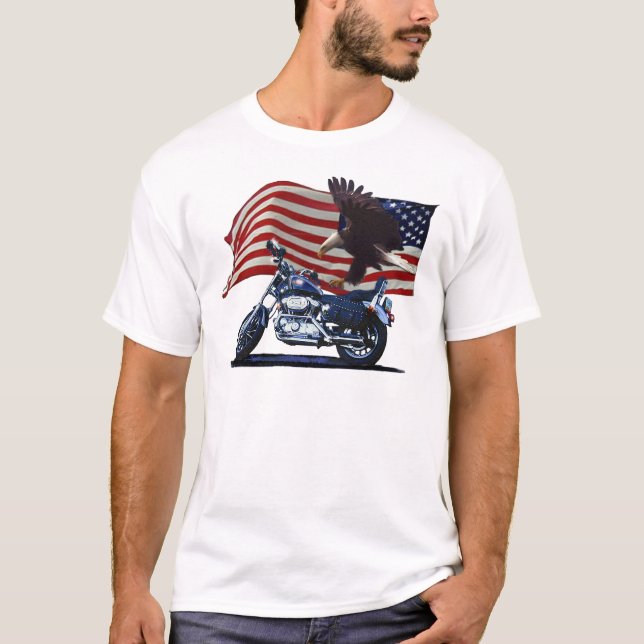 T-shirt Selvagem e Livre - Águia Patriótica, Moto e Bandei (Frente)