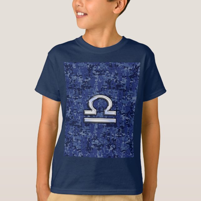 T-shirt Símbolo Libra Zodiac na Camuflagem Digital Azul (Frente)