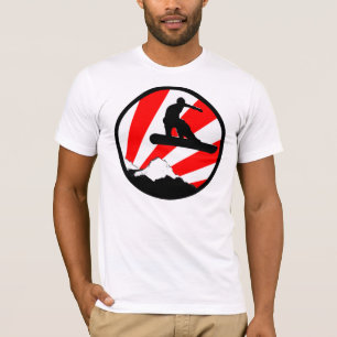 T-shirt snowboard. raios vermelhos. montanha