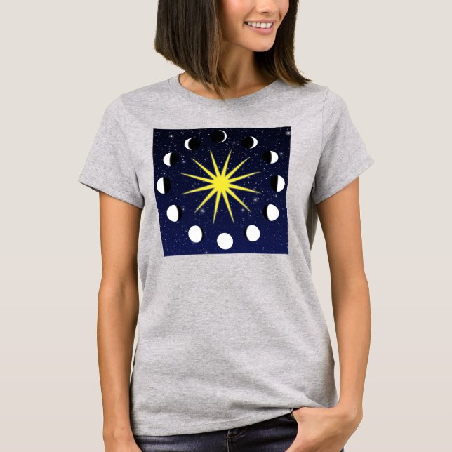 T-shirt Sol, Fases da Lua e Estrelas (Frente)