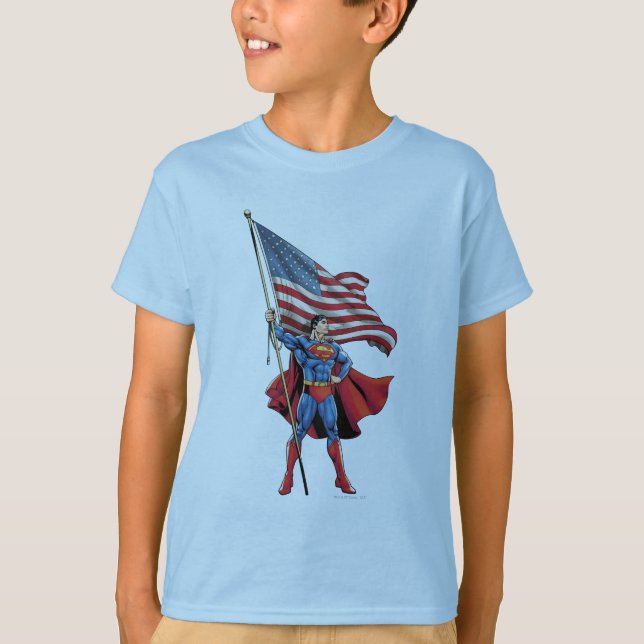 T-shirt Superman Holding Bandeira dos EUA (Frente)
