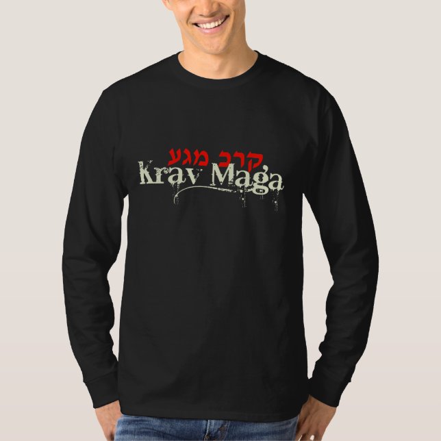 T-shirt T longo preto da Capa de Krav Maga - hebraico (Frente)