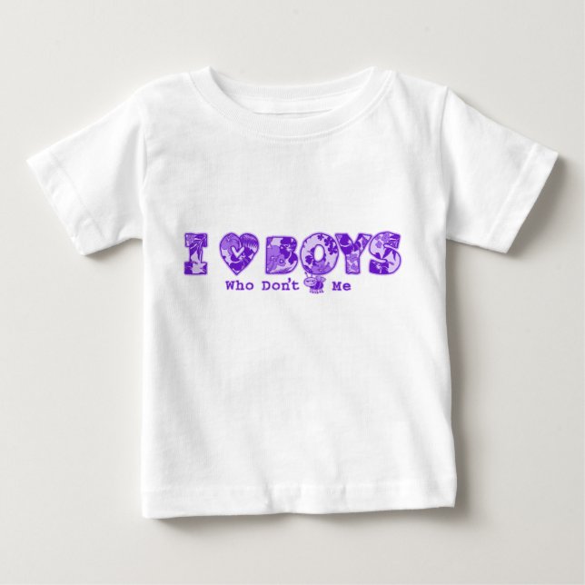 T-shirt Tee Criança "I Love Boys" em Whit Tee/Purple (Frente)