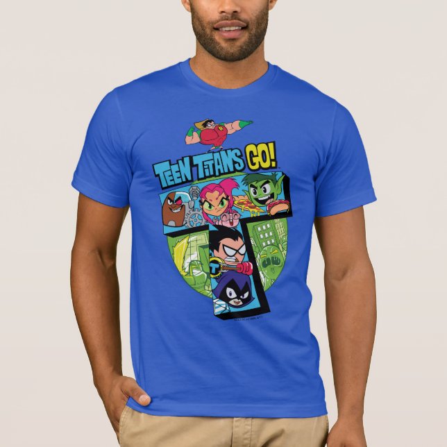 T-shirt Teen Titans Go! | Colagem em Torre de Titãs (Frente)