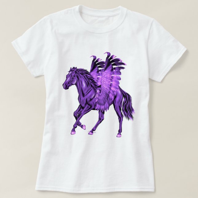 T-shirt Tema Fantasia Púrpura Pegasus Cavalo Asalado (Frente do Design)