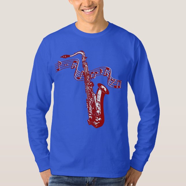 T-shirt tema musical Saxofone Vermelho e notas (Frente)