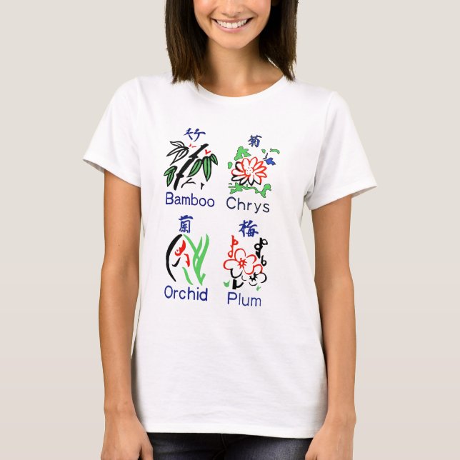 T-shirt Ternos da flor de Mahjong, azul, vermelho, verde, (Frente)