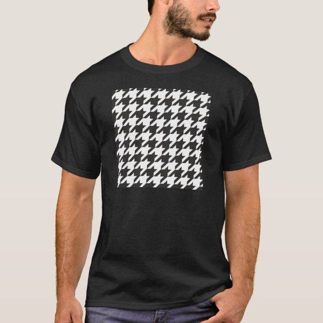 T-shirt Teste padrão cinzento de Houndstooth, preto e (Frente)