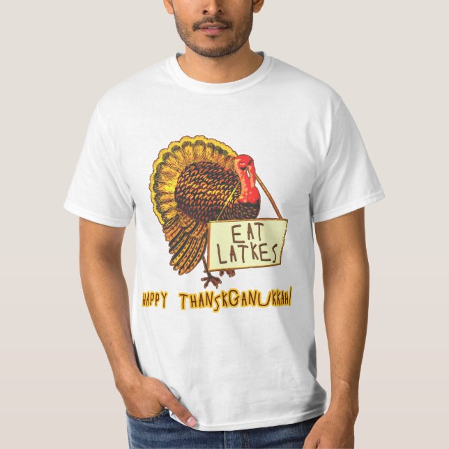 T-shirt Thanksganukkah feliz COME LATKES (Frente)