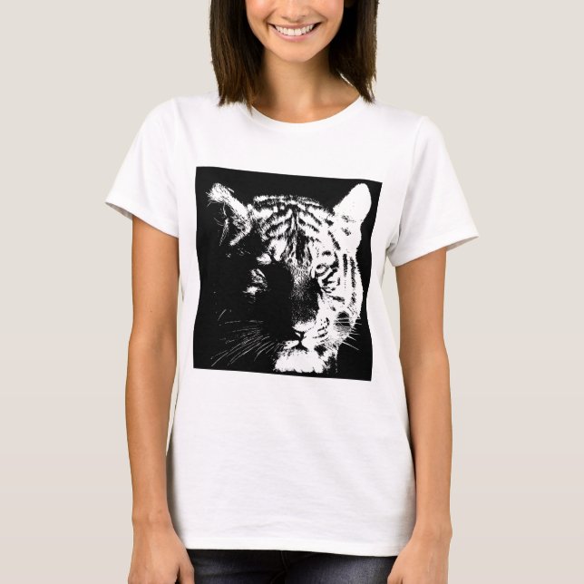 T-shirt Tigre Pop de Arte Preto e Branco (Frente)