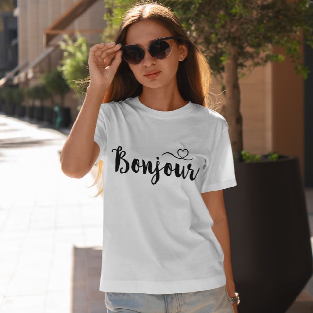 T-shirt Tipografia de Script - Bonjour (Criador carregado)