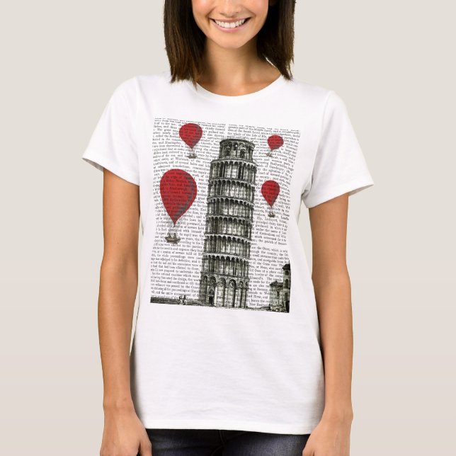 T-shirt Torre de Pisa e Balões de Ar Quente Vermelho (Frente)