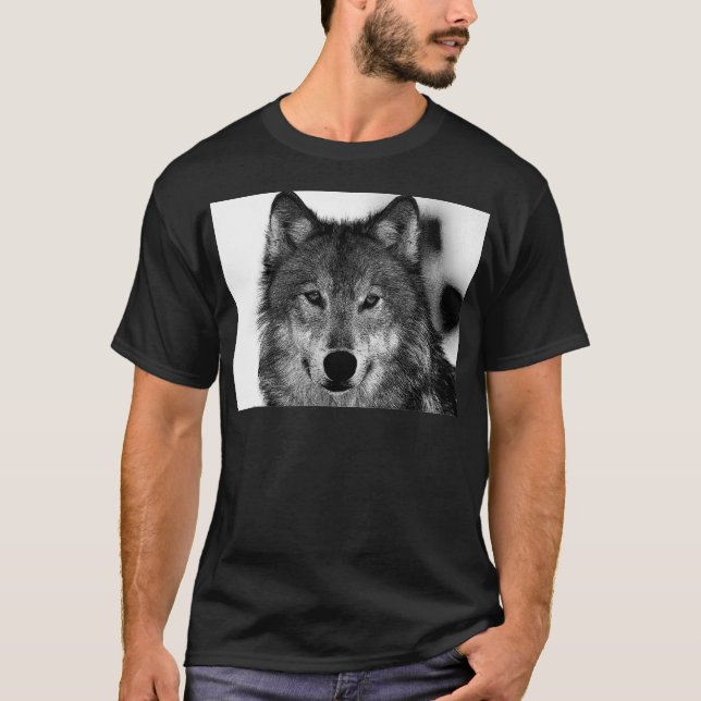 T-shirt Trabalho de arte do Lobo Negro e Branco (Frente)