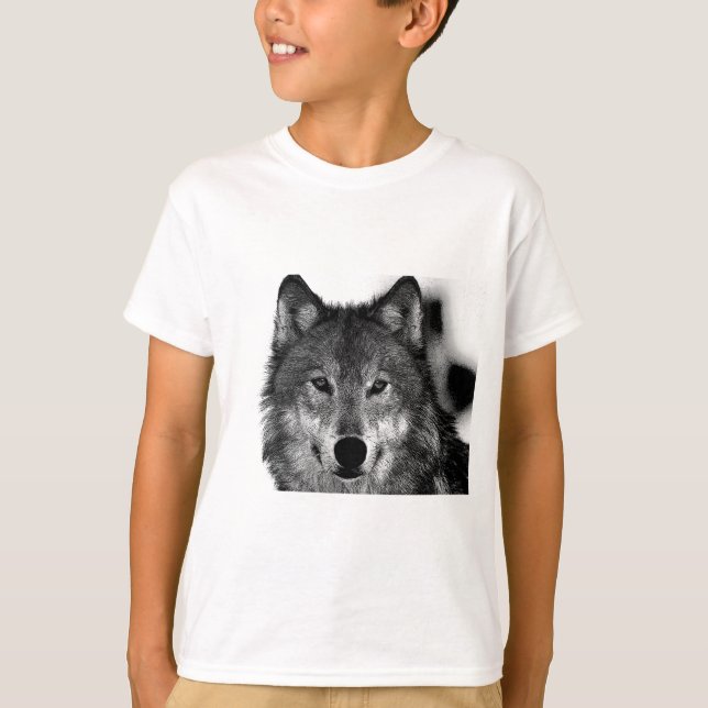 T-shirt Trabalho de arte do Lobo Negro e Branco (Frente)
