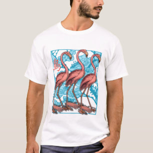 T-shirt Três flamingos com flores
