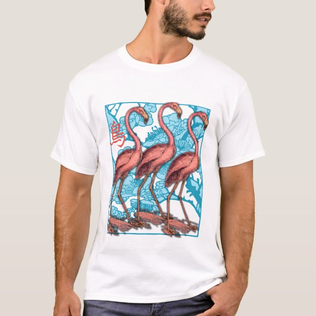 T-shirt Três flamingos com flores (Frente)
