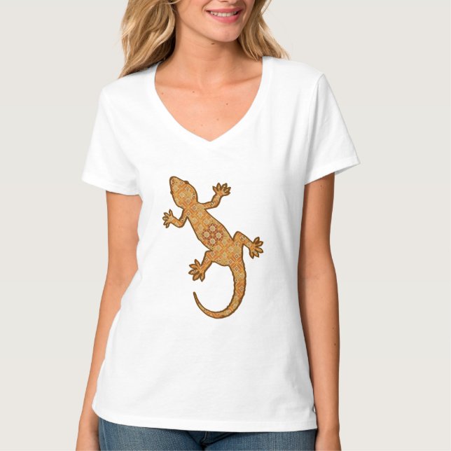 T-shirt Tribal batik Gecko - ferrugem, âmbar e bronzeada (Frente)