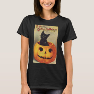 T-shirt Um Dia das Bruxas alegre, gato preto do vintage na