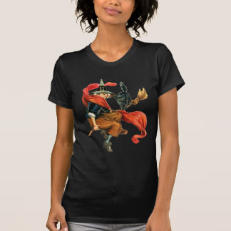 T-shirt Uma bruxa voa sobre sua vassoura com seu gato pret