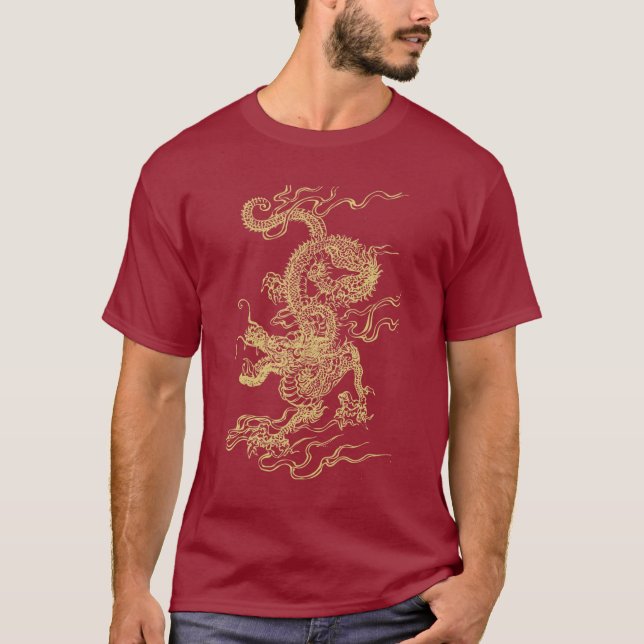 T-shirt unisex do dragão chinês vermelho e Dourado (Frente)