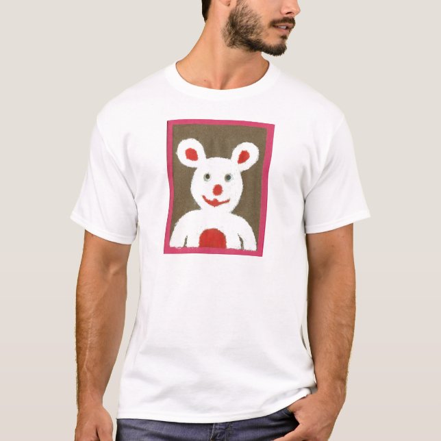 T-shirt Urso Branco com Nariz Vermelho, Boca e Ouvidos (Pa (Frente)