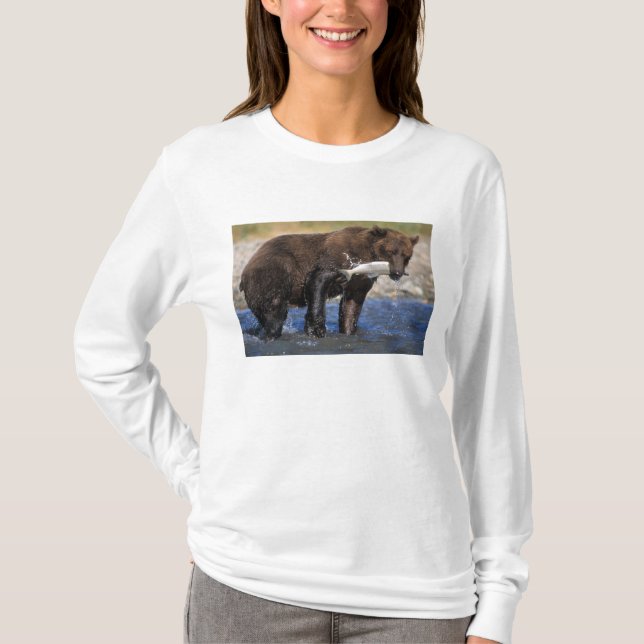 T-shirt Urso castanho, urso pardo, com capturas de salmão, (Frente)