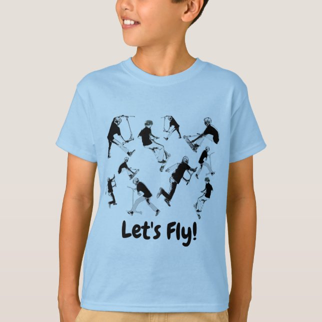 T-shirt Vamos Fly! - Diversão do Patinete Stunt (Frente)