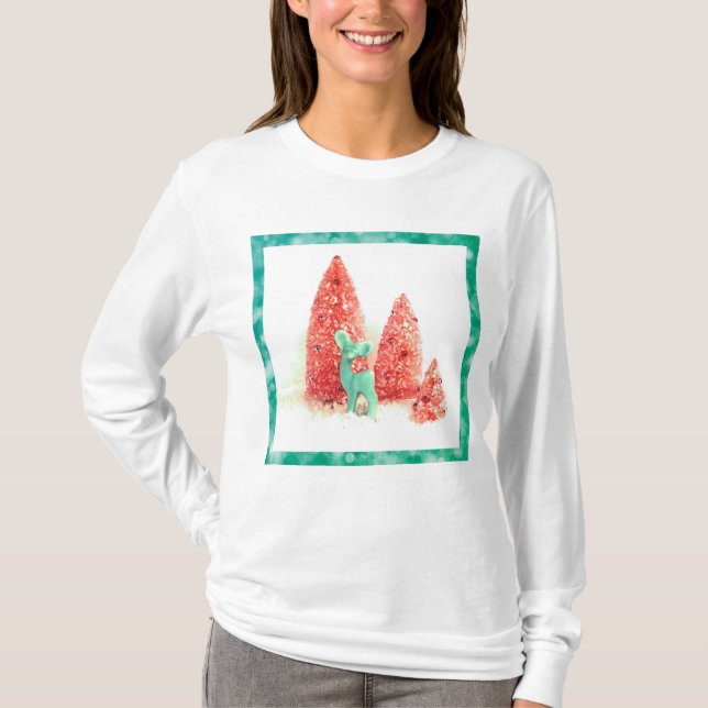 T-shirt Veado de Natal com Quadro Aqua (Frente)