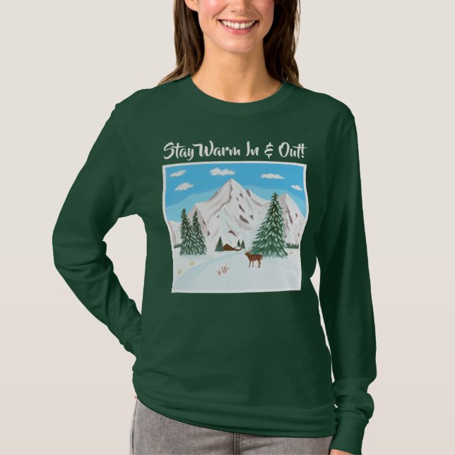 T-Shirt Verde de Longa Mancha Montanhas de Neve (Frente)