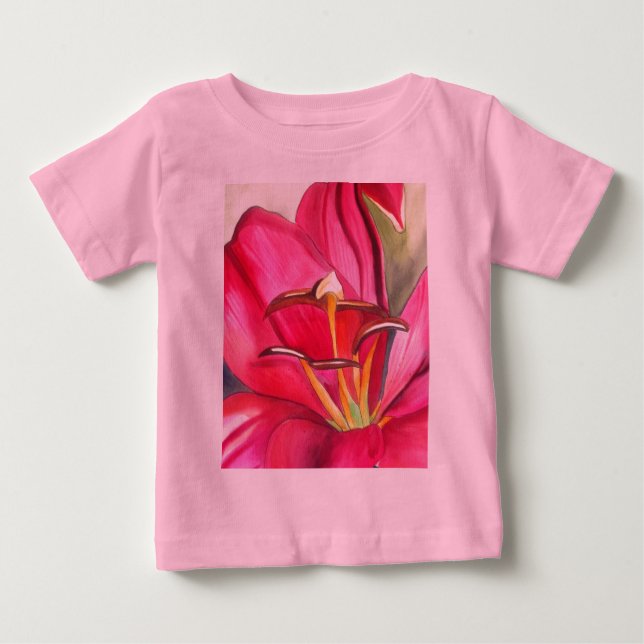 T-shirt Vermelho Alerta Lily - pintura em flor de aquarela (Frente)