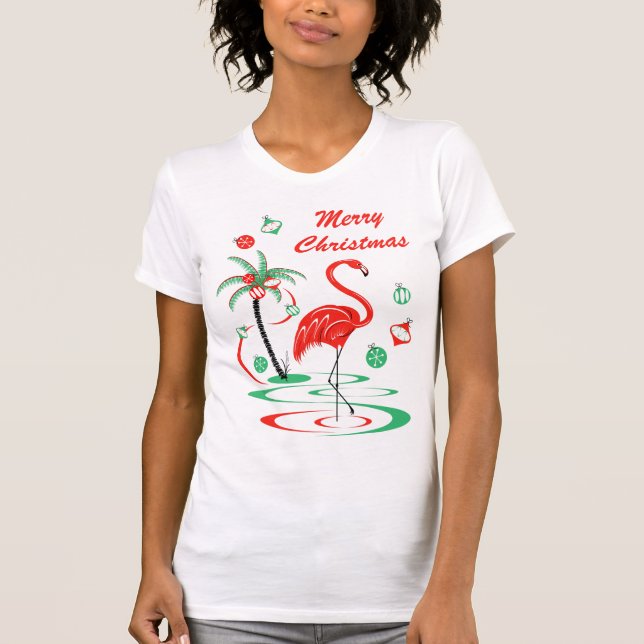 T-shirt vermelho do Feliz Natal do flamingo do (Frente)
