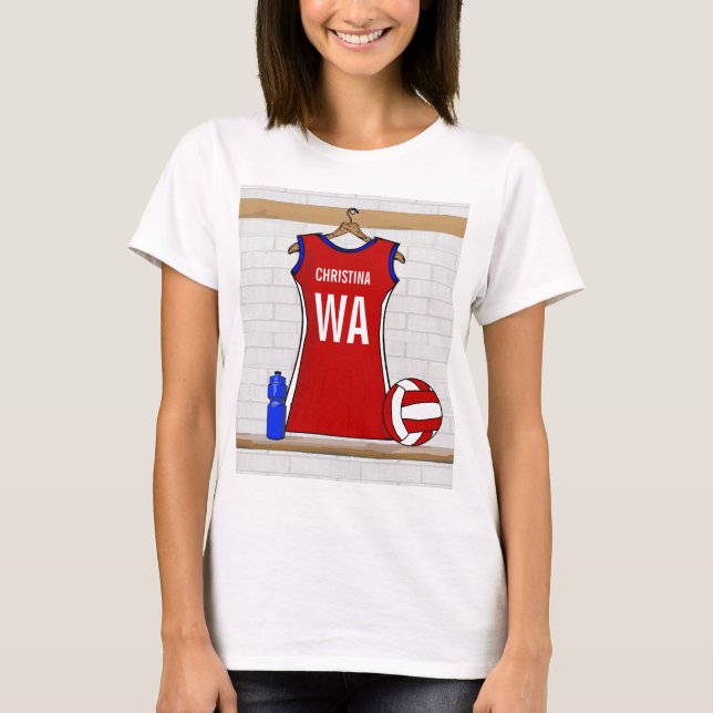 T-shirt Vermelho Uniforme Netball Personalizado com Azul e (Frente)